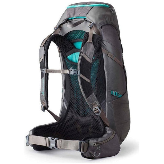 Side view of the Gregory Jade 43 backpack in Mist Grey showing the padded mesh back panel and hip belt against a white background.