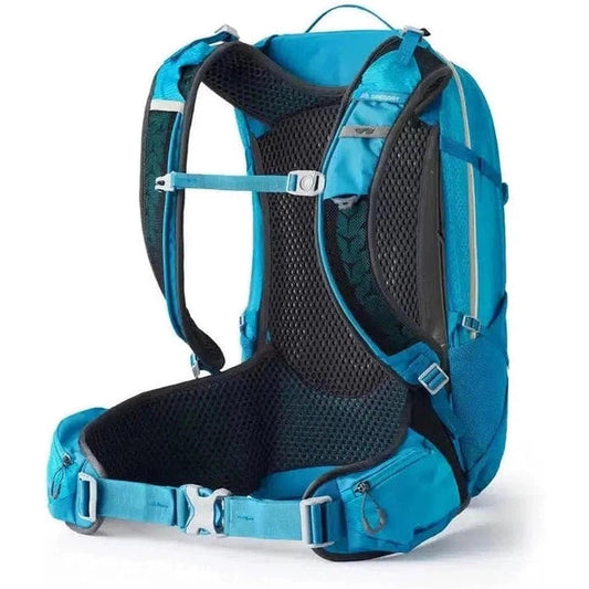 Side view of the Gregory Juno 30 H20 Plus in Laguna Blue showing the padded mesh back panel and waist belt against a white background.