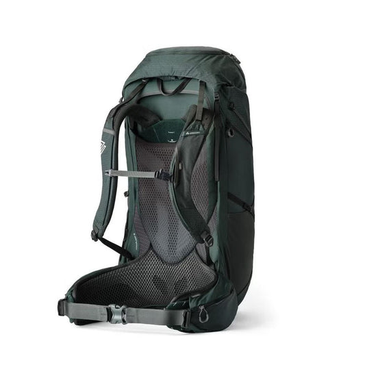 Side view of the Gregory Paragon 70 in Cascade Green showing the mesh back panel and hip belt against a white background.