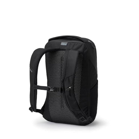 Side view of the Gregory Rhune 22 in Cabon Black showing the padded mesh back panel against a white background.