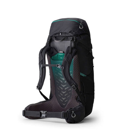 Back view of the Gregory Stout 70 backpack in Forest Black showing the padded back panel and hip belt against a white background.