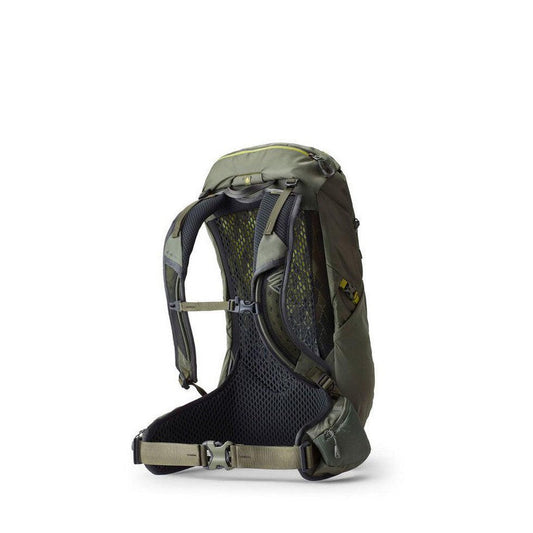 Side view of the Gregory Zulu 28 LT in Forage Green showing the breathable mesh back panel against a white background.