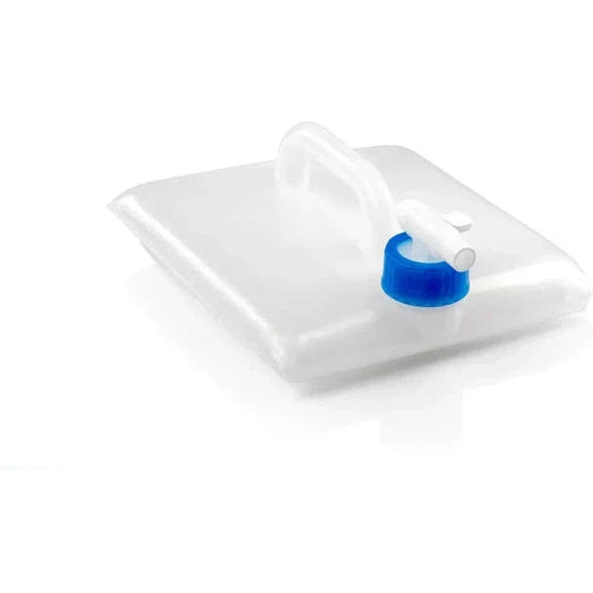 A top-down view of the GSI Outdoors 20 L Wide Mouth Water Cube with a blue cap and white spout on a white background.