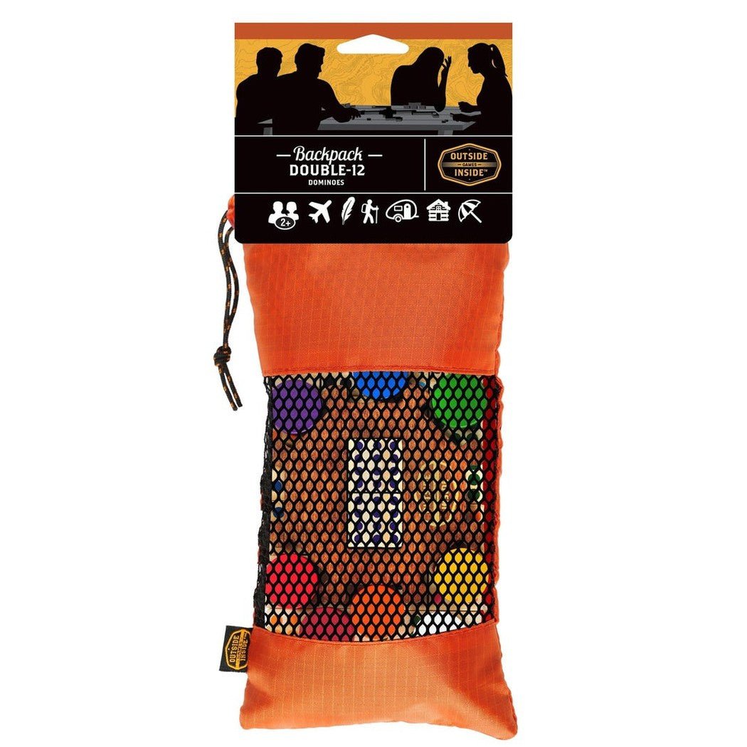 The GSI Outdoors Backpack Double-12 Dominos in Assorted colors is shown in a front view with a mesh pocket displaying colorful dominoes against an orange background.