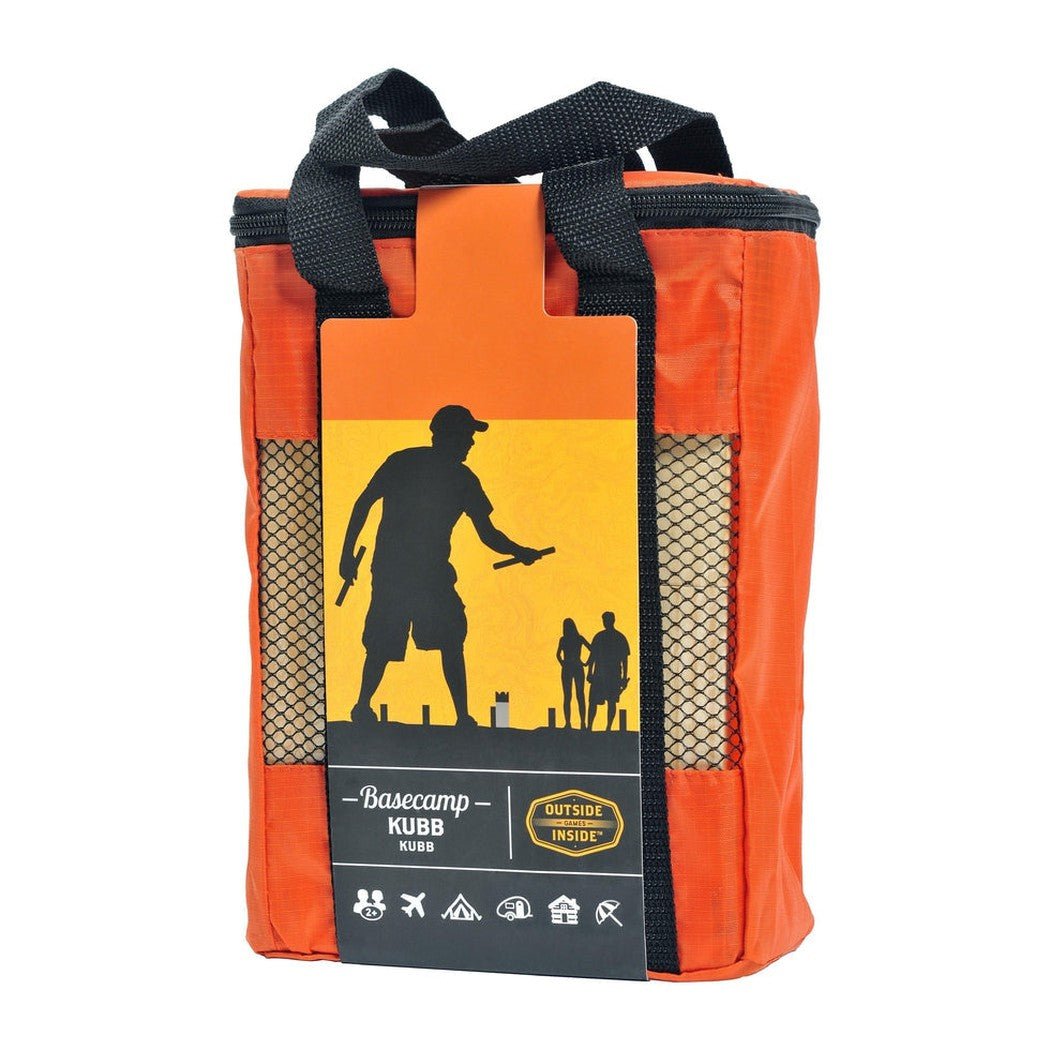 An orange GSI Outdoors Basecamp Kubb bag with black straps and a tag showing a silhouette of a person playing kubb.