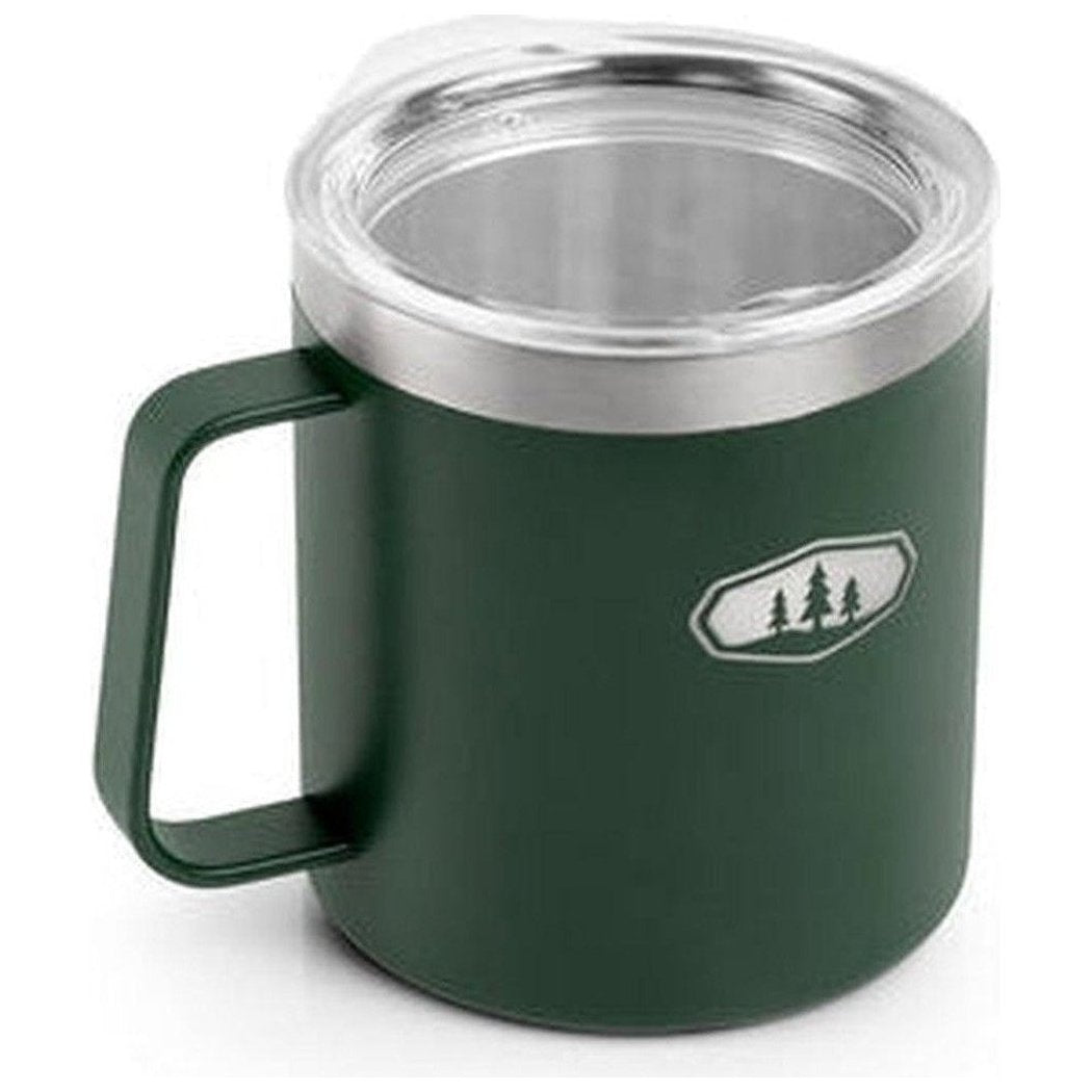 A front view of the GSI Outdoors Glacier Stainless 15 fl. Oz. Camp Cup in Black with a handle and a lid.