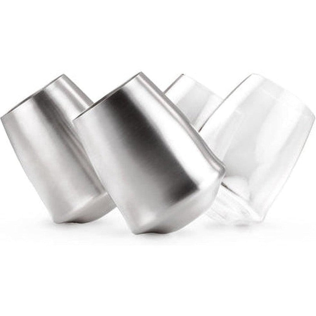 Three GSI Outdoors Glacier Stainless Stemless Wine Glasses in Charcoal/Graphite sit at an angle on a white background.