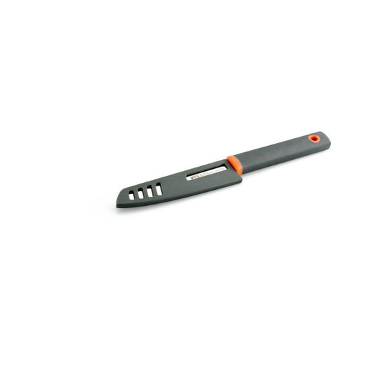 A side view of the GSI Outdoors Santoku 4" Paring Knife with a charcoal handle and orange accents against a white background.
