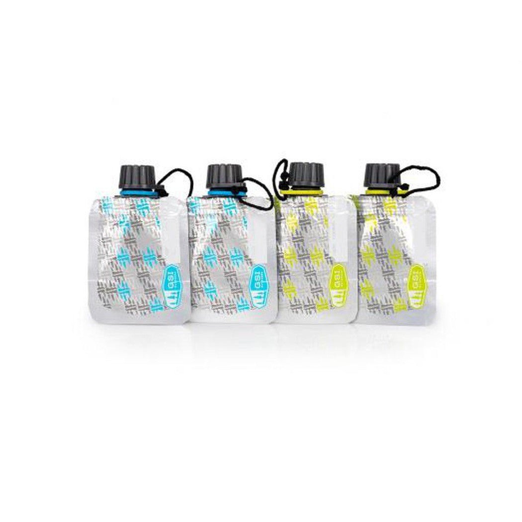 Four GSI Outdoors Soft Sided Condiment Bottle Sets in Charcoal/Graphite sit side by side on a white background.
