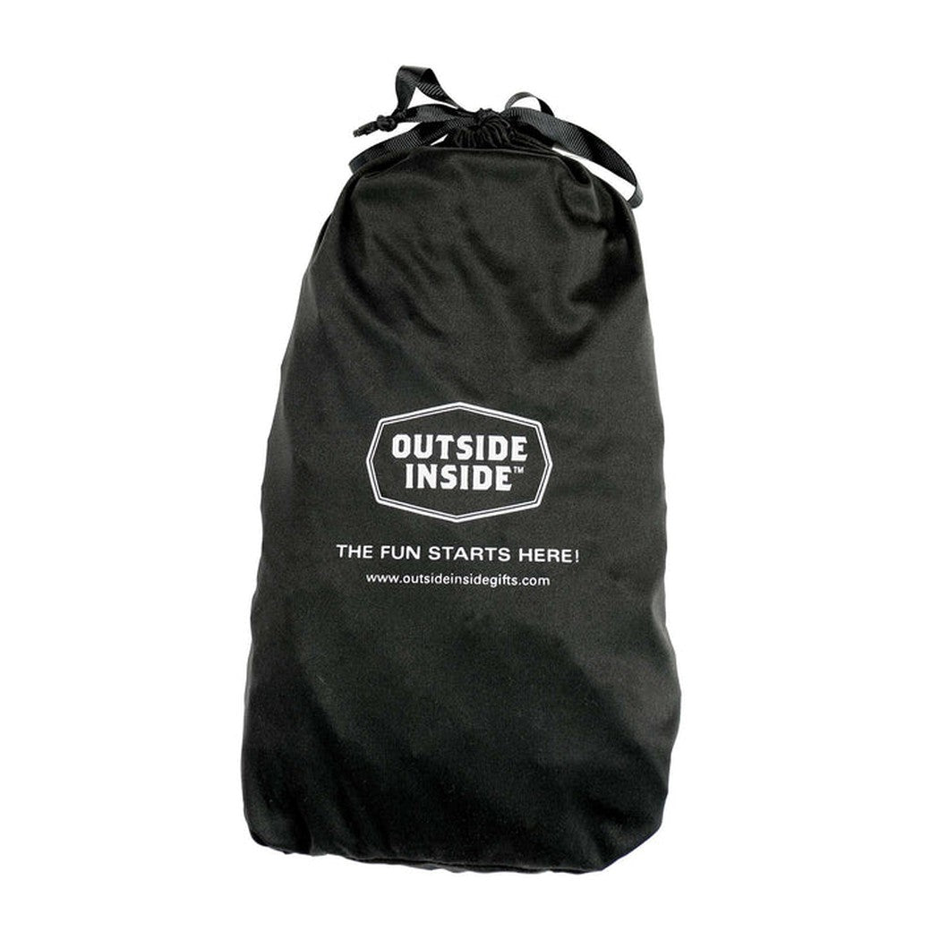 A black drawstring bag with "Outside Inside" logo and "The Fun Starts Here!" text, photographed from front against a white background.