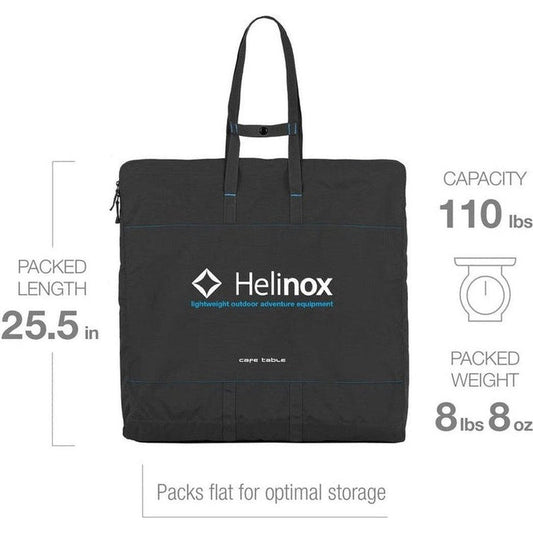 A front view of the black Helinox Cafe Table camping table showing its packed length and capacity details.
