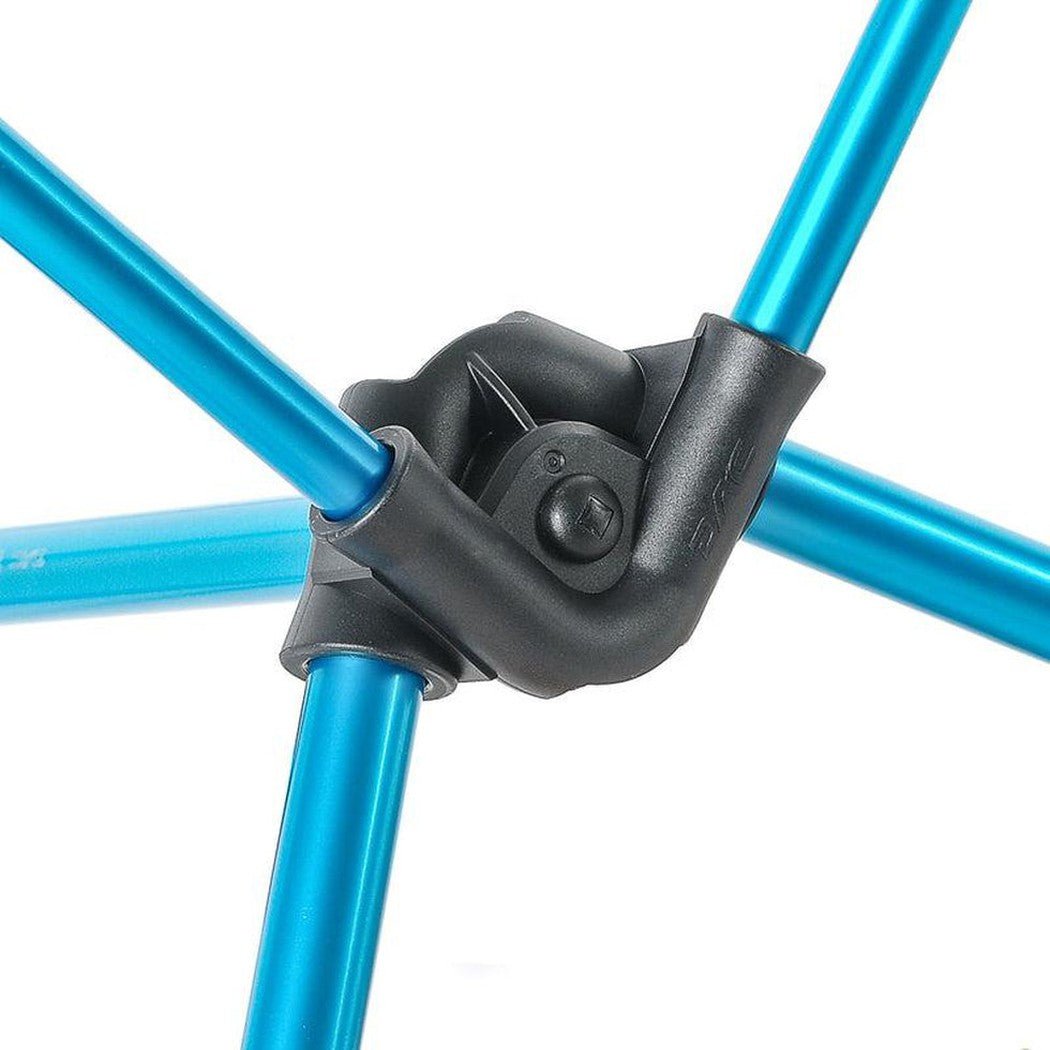 A close-up of the Helinox Chair Zero L showing the black joint and blue frame against a white background.