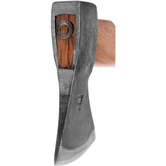 A close-up of the Helko Werk Bavarian Woodworker axe head showing the metal and wooden handle against a white background.