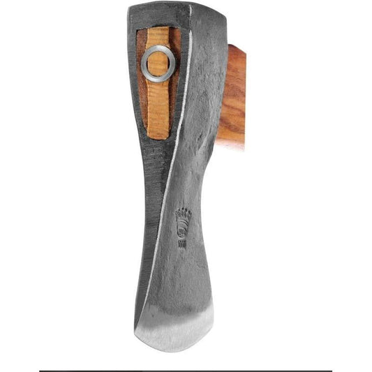 A close-up of the Helko Werk Black Forest Woodworker axe head showing the leather and metal accents against a white background.