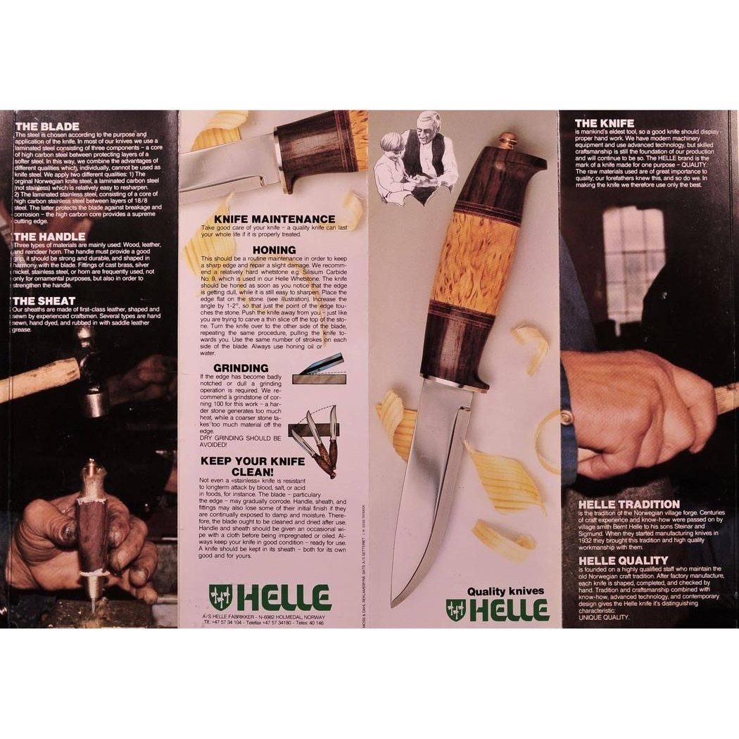 A close-up of the Helle Harding Rubin Knife - 2026 Ltd Edition with a wooden handle, displayed against a light background with knife maintenance info.