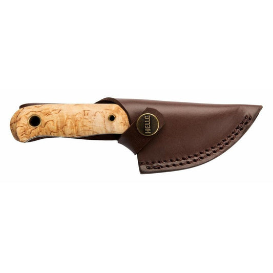 A side view of the Helle Mandra knife with a natural wood handle and brown leather sheath against a white background.
