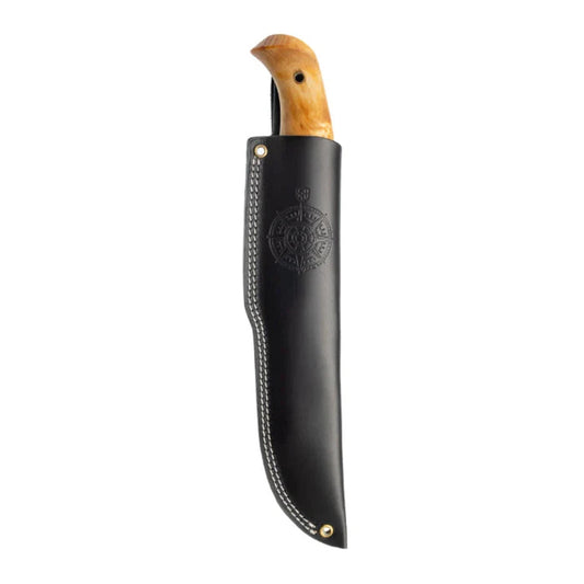 A side view of the Helle Nord Sleipner knife in a black leather sheath with white stitching and a wooden handle, against a white background.