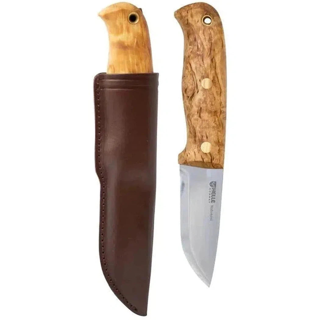 Side view of the Helle Wabakimi Sleipner knife with a brown leather sheath and wooden handle, displayed against a white background.