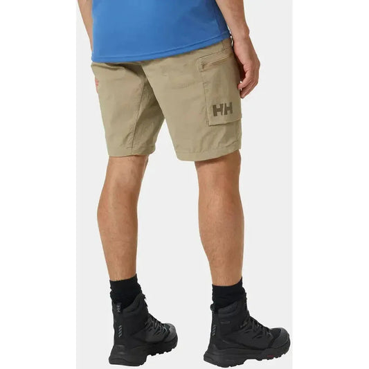 Back view of the Helly Hansen Men's Brono Softshell Shorts in Pebble showing the cargo pocket with HH logo and black boots against a white background.