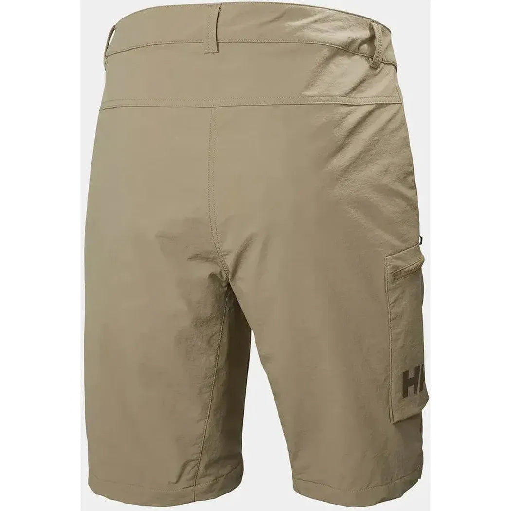 Side view of the Helly Hansen Men's Brono Softshell Shorts in Pebble showing the cargo pocket with the Helly Hansen logo.