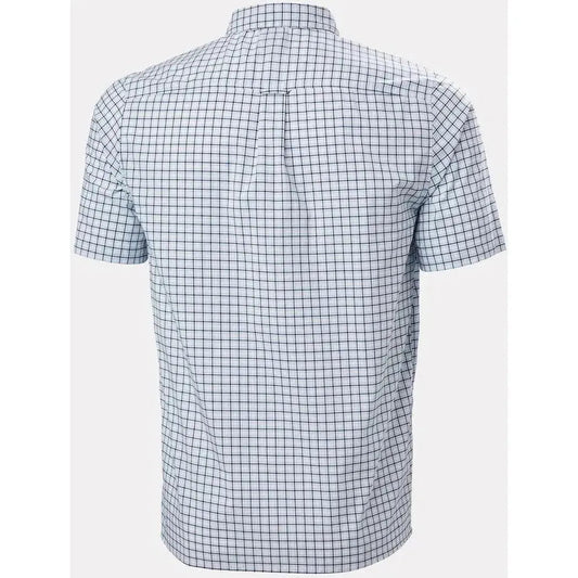 Back view of the Helly Hansen Men's Fjord Quick-Dry Short Sleeve Shirt 2.0 in White showing the plaid pattern against a plain background.