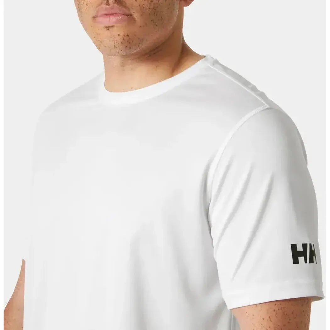 A close-up of the Helly Hansen Men's HH Tech T-Shirt 2.0 in White, showing the logo on the sleeve and a plain white background.