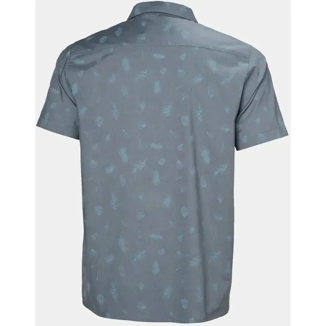 Back view of the Helly Hansen Men's Holmen Short Sleeve Shirt in Washed Navy/Pine Needle against a plain white background.