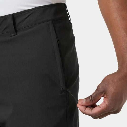 Side view of the Helly Hansen Men's Move Quick Dry 6” Shorts in Black showing the zippered pocket against a white background.