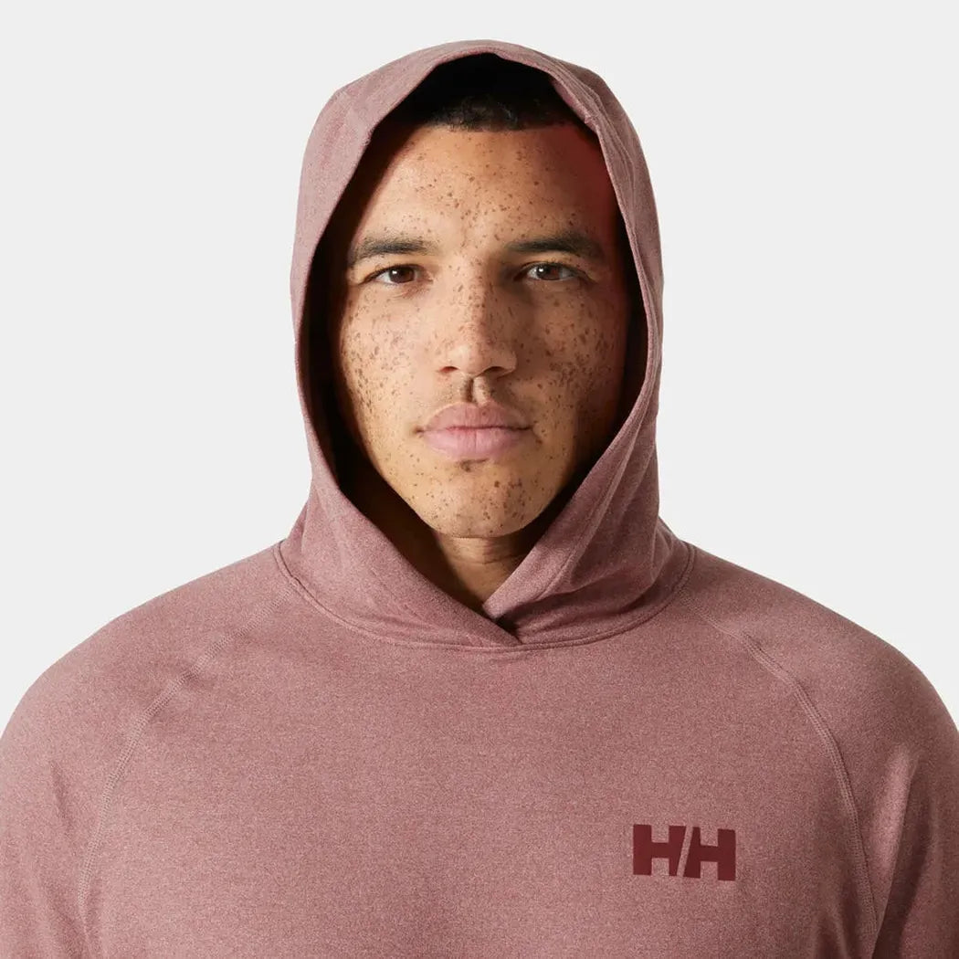 A front view of the Helly Hansen Men's Tyri Knit Hoodie in Mars Red Melange with the hood up against a plain white background.