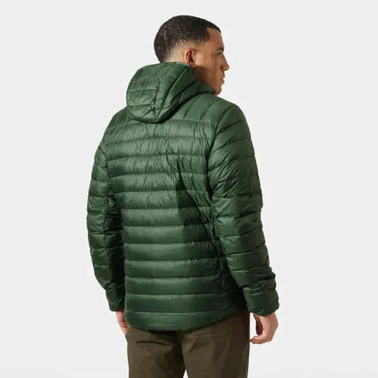 Back view of the Helly Hansen Men's Verglas Hooded Down Jacket 2.0 in Jungle Green on a model against a plain white background.