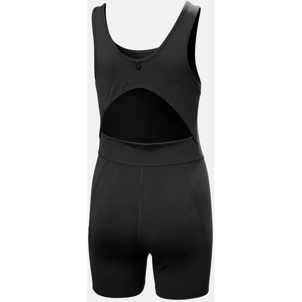 Back view of the Helly Hansen Women's AWE Hiking Dress in Black showing the cutout back design against a white background.