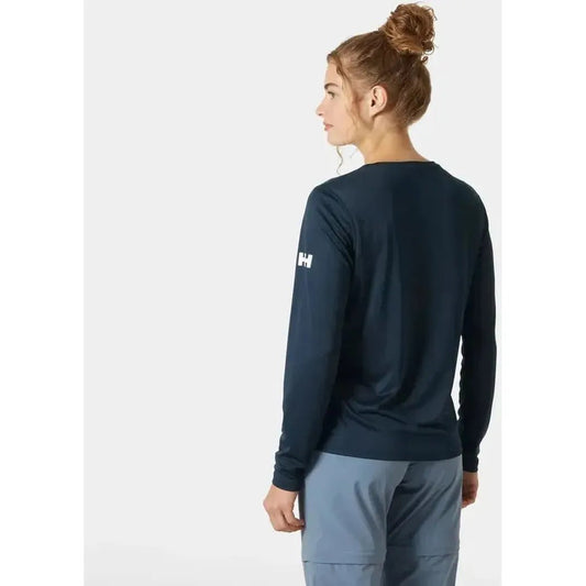 Back view of the Helly Hansen Women's HH Tech Crew Long Sleeve 2.0 in Navy showing the logo on the sleeve against a plain white background.