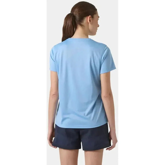 Back view of the Helly Hansen Women's HH Tech T-Shirt 2.0 in Bright Blue on a model wearing dark shorts against a plain background.
