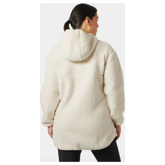 Back view of the Helly Hansen Women's Maud Pile Jacket in Cream showing the hood and long length on a model against a white background.