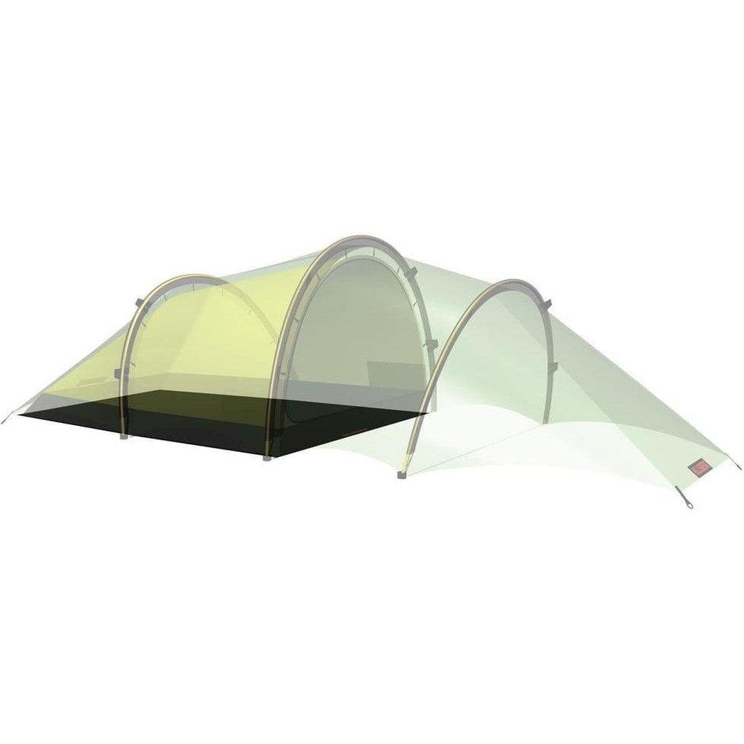 A side view of the Hilleberg Anjan 3/Anjan 3 GT Footprint tent footprint with a black floor and light green mesh, set against a white background.