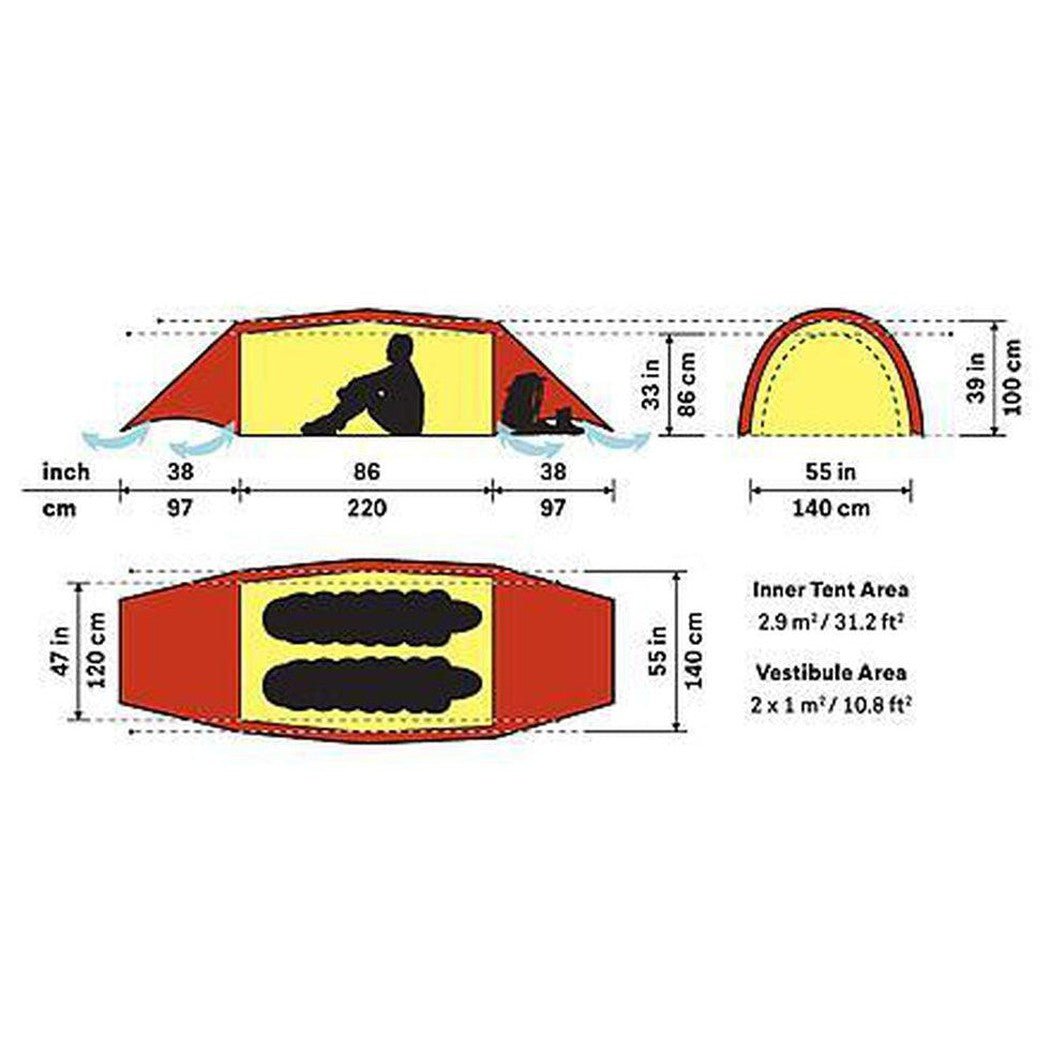 Top and bottom views of the Hilleberg Helags 2 red tent showing its dimensions and inner tent area.