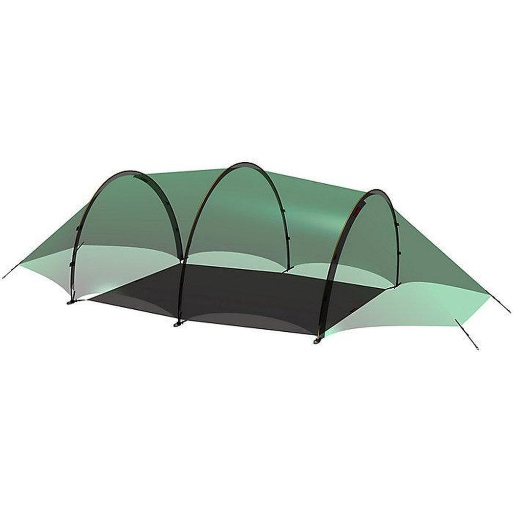 The Hilleberg Helags 3 Footprint is shown from a top-down angle with its green fabric and black floor, set against a plain white background.