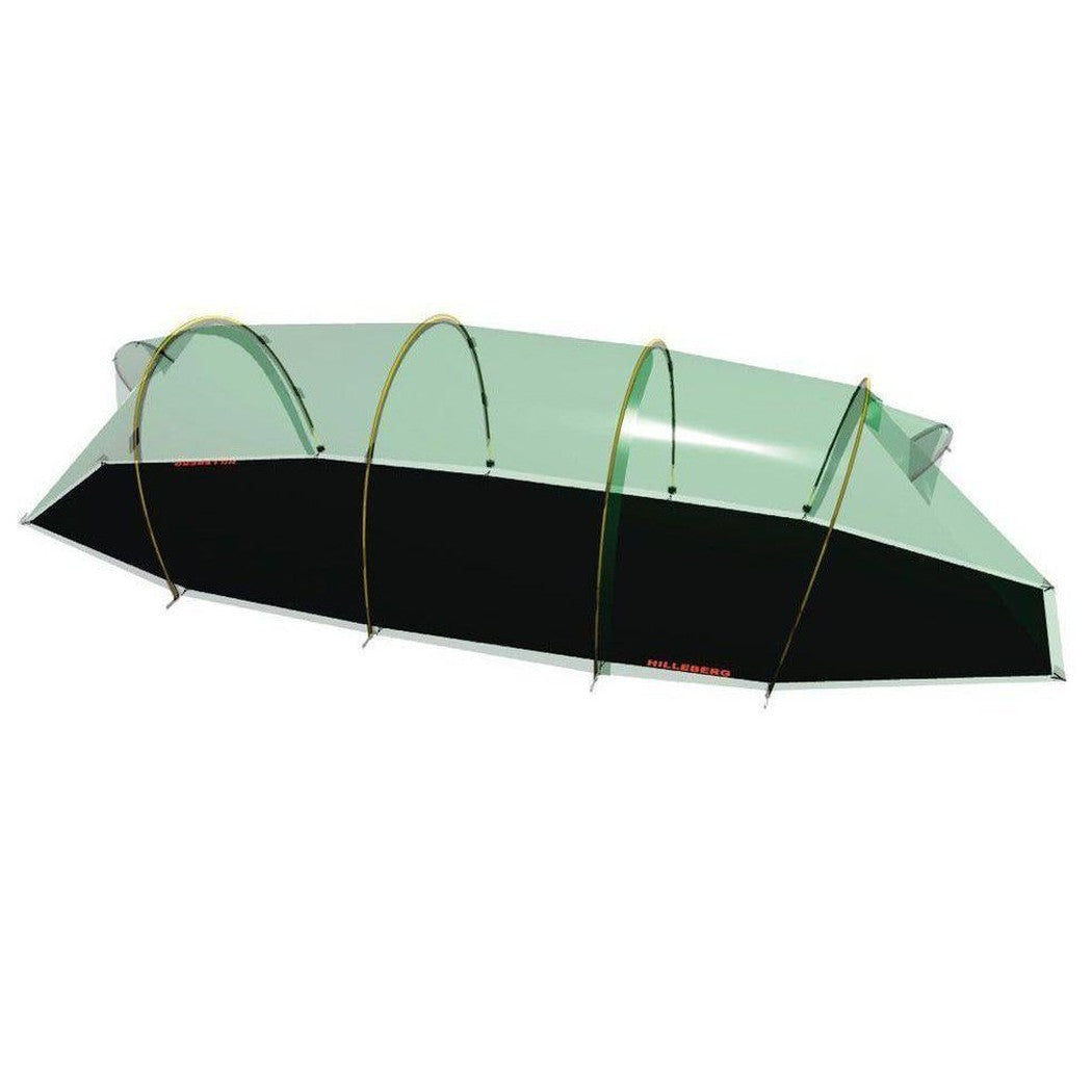 A top-down view of the Hilleberg Kaitum 2 GT Footprint tent footprint with its black and green fabric and yellow arch supports against a white background.