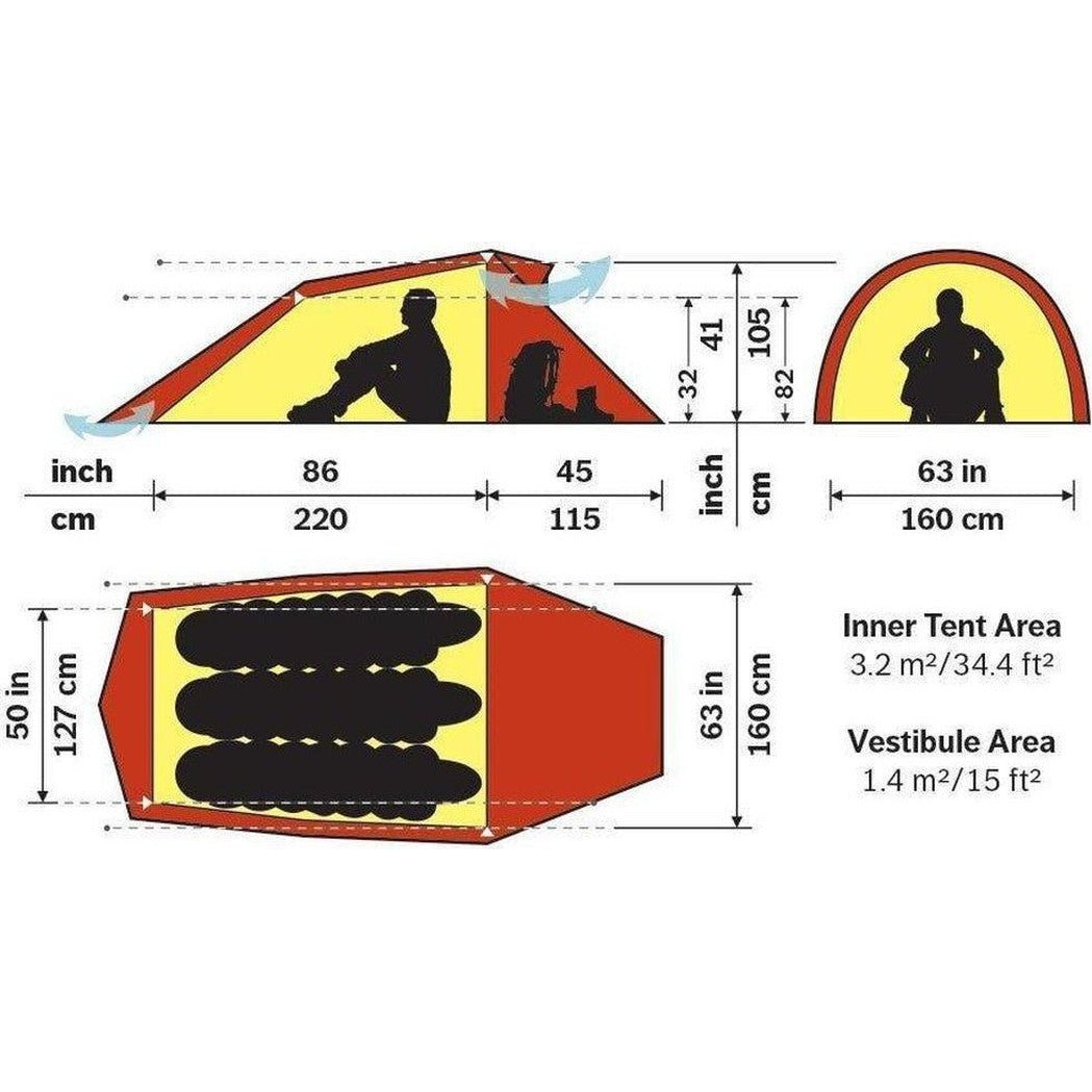 Side view of the Hilleberg Nallo 3 Green tent showing its interior layout and dimensions.