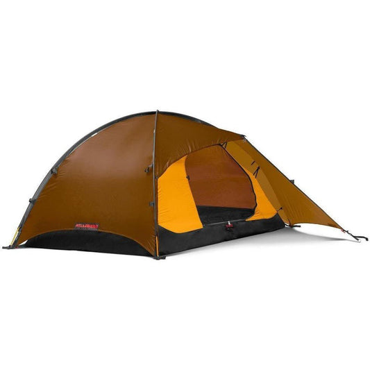 A front view of the Hilleberg Rogen 2 tent in Red with a yellow interior and black floor against a white background.