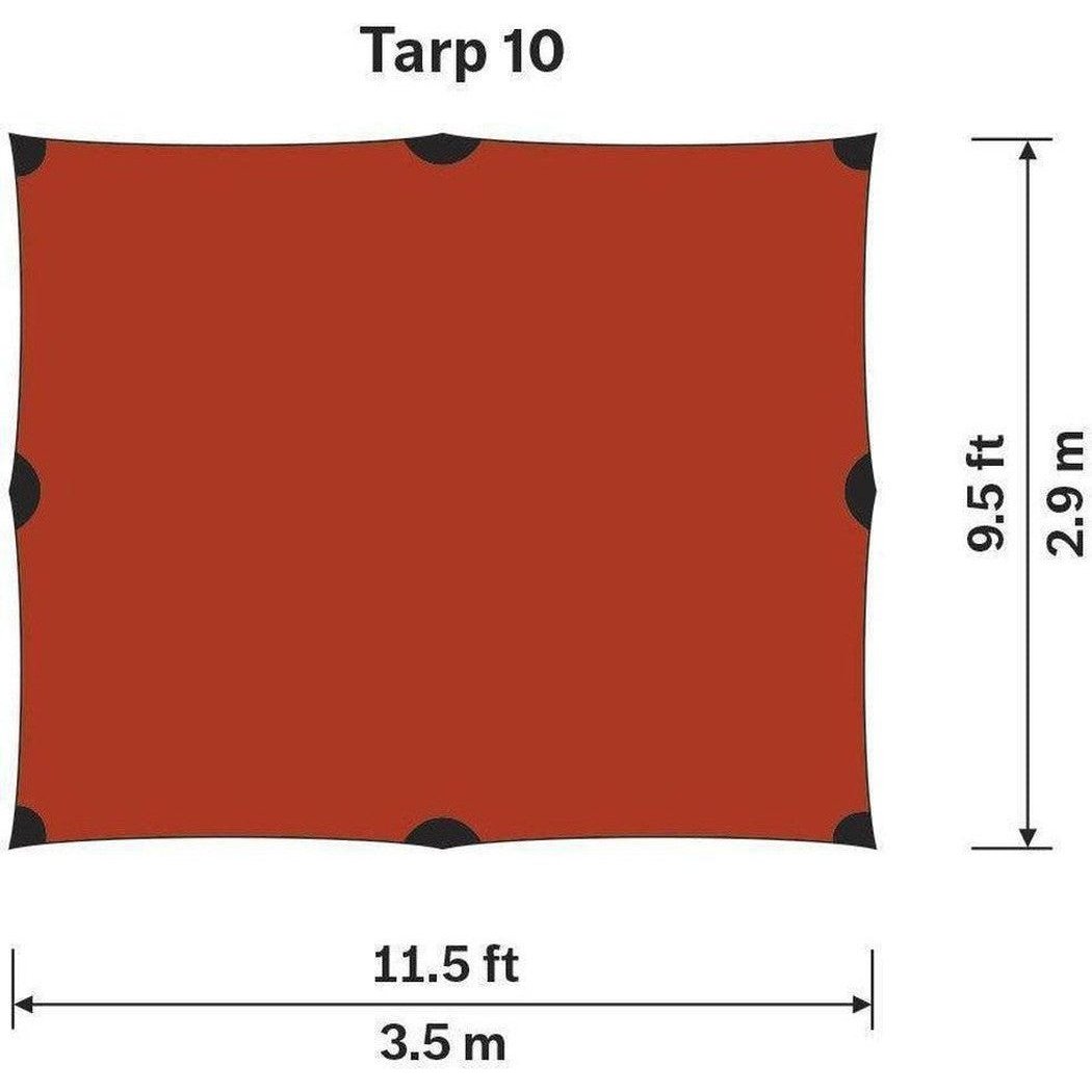 The photo shows a green Hilleberg Tarp UL laid flat with dimensions labeled, viewed from above on a white background.