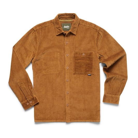 A front view of the Howler Brothers Men's Iquitos Overshirt in Dark Slate showing the chest pocket and button closure against a white background.