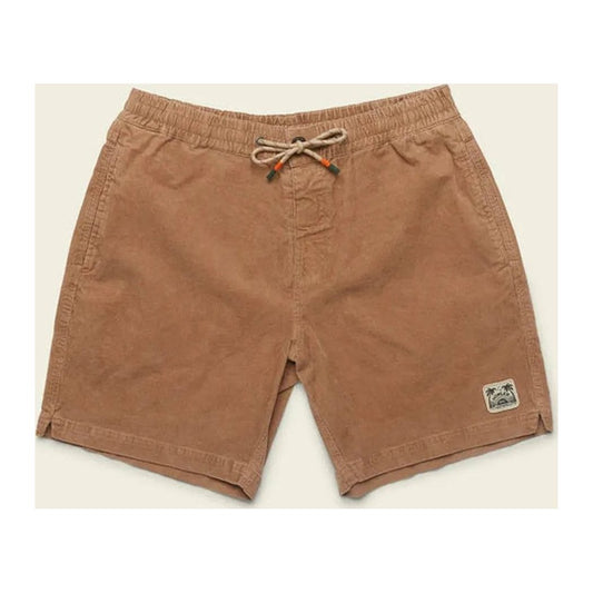 Side view of the Howler Brothers Men's Pressure Drop Cord Shorts in Lichen Green showing the drawstring waist and small logo patch on the right leg against a neutral background.