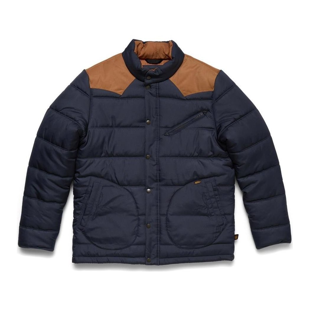 A front view of the Howler Brothers Men's Rounder Quilted Jacket in Blue Dark/Duck Brown with brown shoulder patches and a zippered chest pocket against a white background.