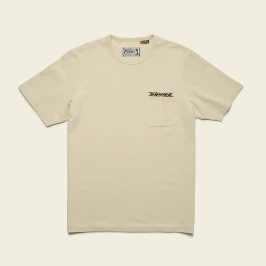 A front view of the Howler Brothers Men's Spectrum Pocket T in Bone White showing the chest pocket and arrow embroidery against a plain background.