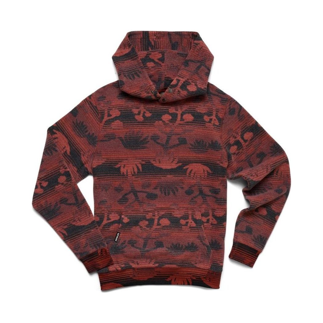 A front view of the Howler Brothers Men's Tajima Pullover in Maguey Mirage: Terracotta with a hood and patterned design against a white background.