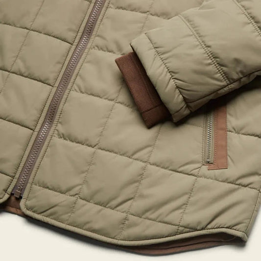 A close-up of the Howler Brothers Merlin Jacket in Mountain Green / Teak showing the front zipper and pocket against a white background.