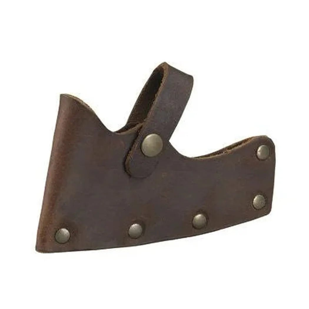 A brown Hults Bruk Tibro Sheath with metal rivets and a strap, shown from a side angle against a white background.