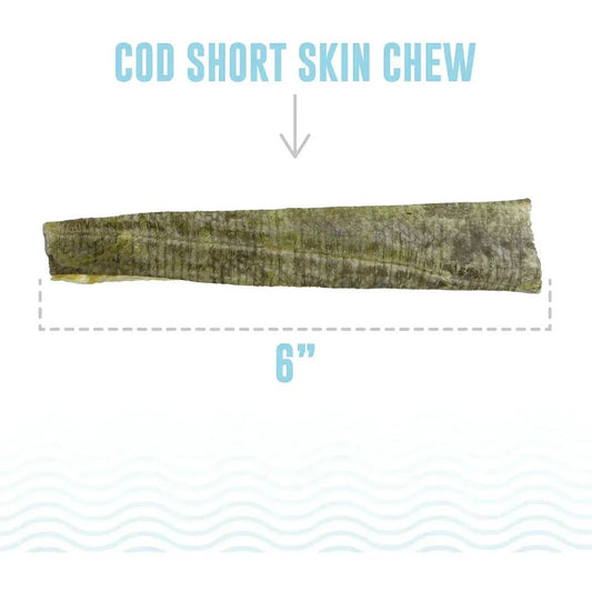 A 6-inch long Cod Short Skin Chew for dogs is shown against a white background with a wavy blue line at the bottom.
