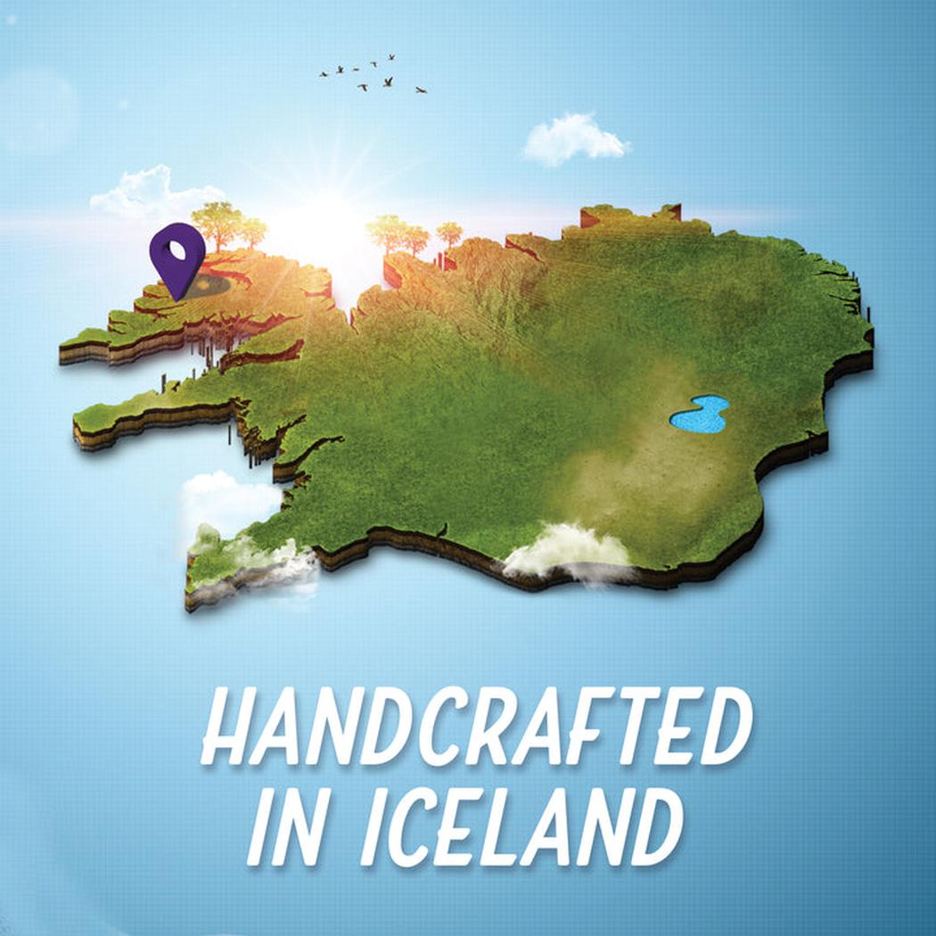 A 3D map of Iceland with a purple location pin and "Handcrafted in Iceland" text below.
